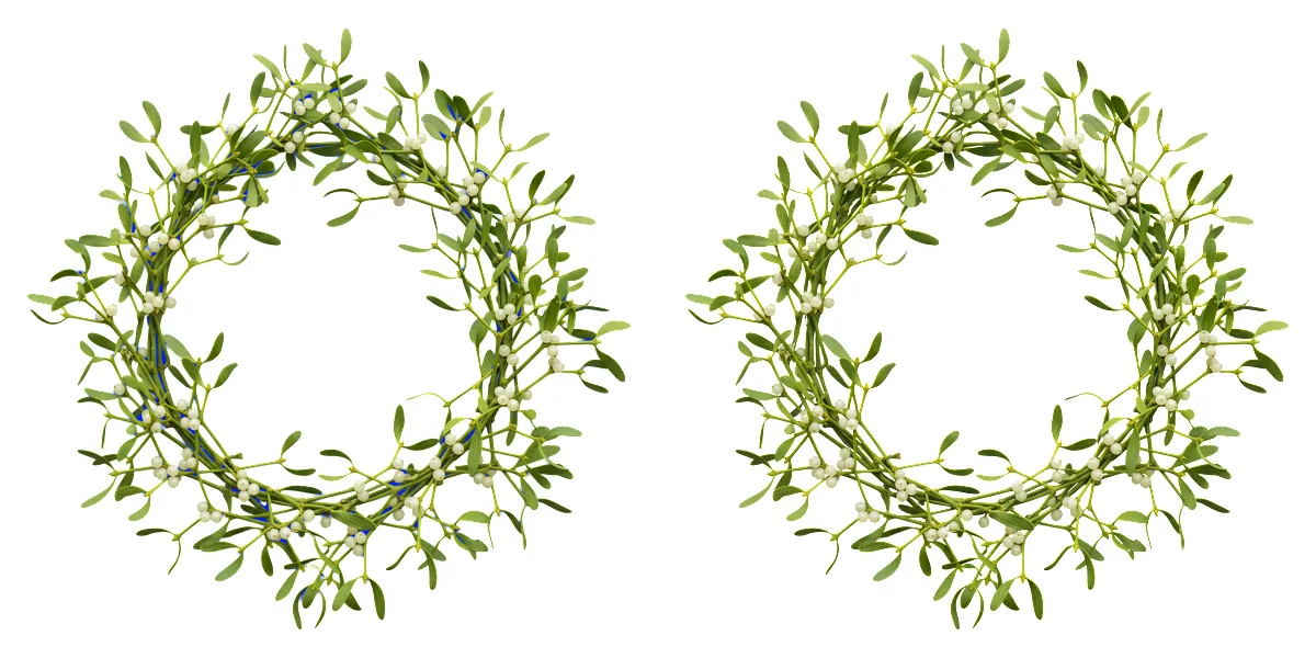 Mistletoe wreath: the birefnet-general cut on the left, the ClipBrook cut on the right, both on white at reduced size