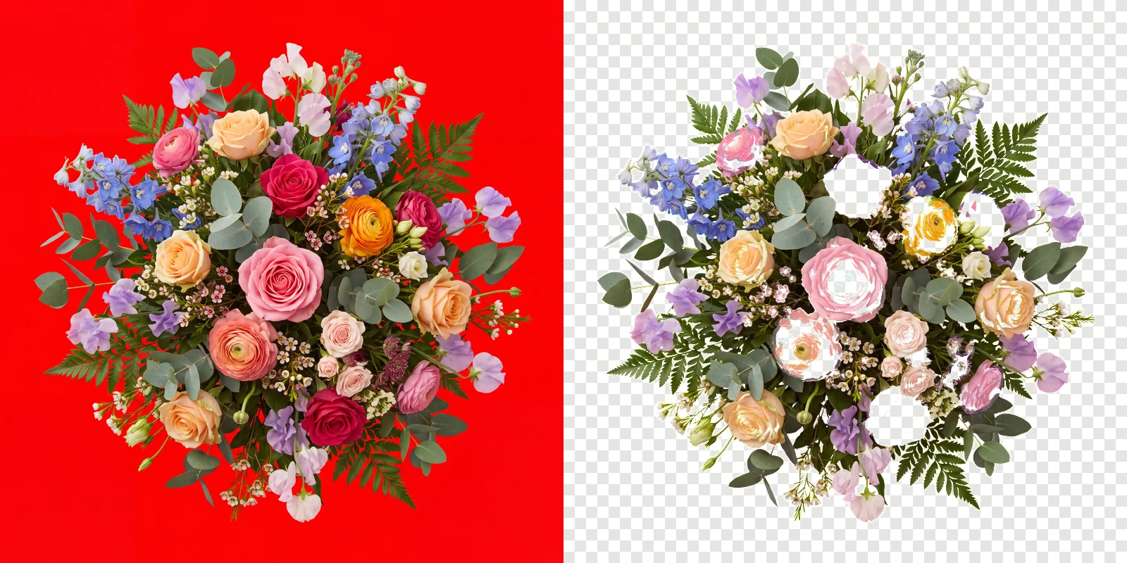 A mixed flower bouquet rendered on a solid pure red background, beside its cut on a transparent checkerboard with holes where the bouquet's own reds matched the key